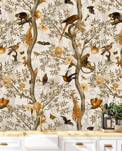 papel de parede mostarda e chinoiserie marrom papel de parede mostarda e chinoiserie marrom