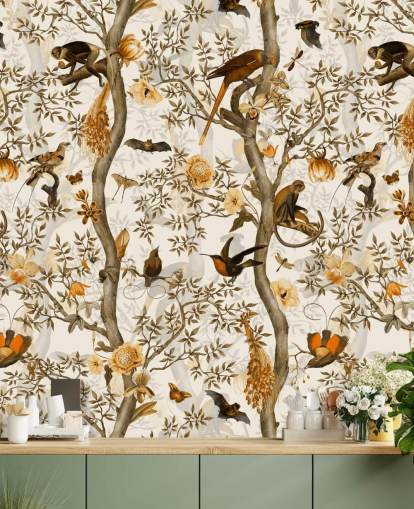 senap och brun chinoiserie tapeter