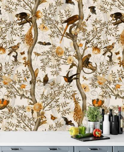 papel pintado chinoiserie mostaza y marrón