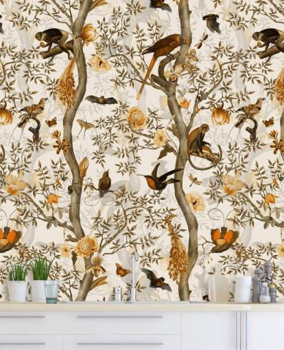 papier peint chinoiserie moutarde et marron