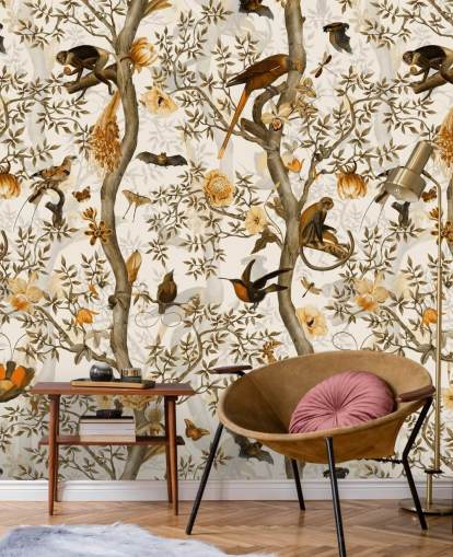 sennep og brun chinoiserie tapet