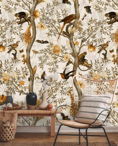 papel de parede mostarda e chinoiserie marrom