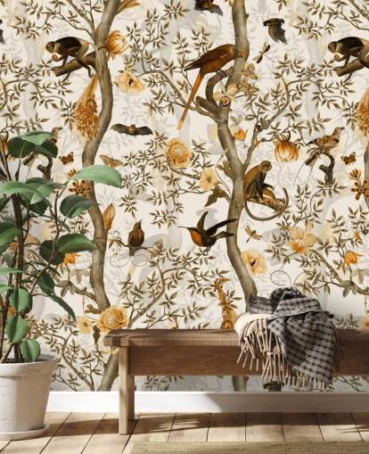 mustard and brown chinoiserie wallpaper