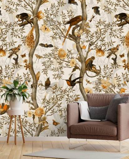 mustard and brown chinoiserie wallpaper