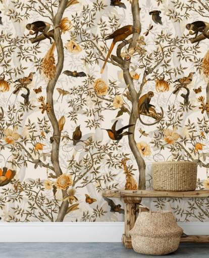 papel pintado chinoiserie mostaza y marrón