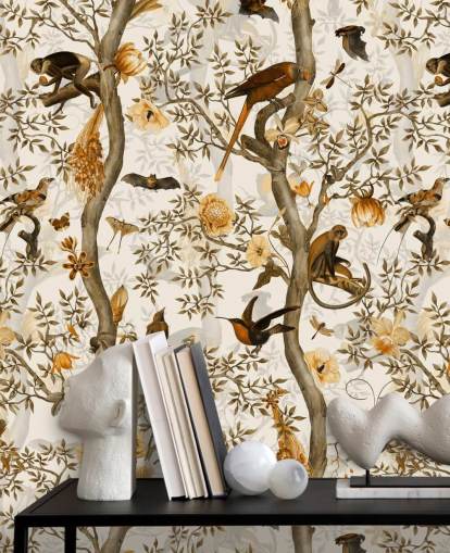 Senf und braune Chinoiserie-Tapete Senf und braune Chinoiserie-Tapete