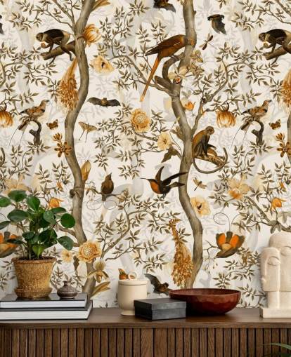 papel de parede mostarda e chinoiserie marrom