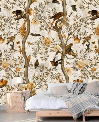 papel pintado chinoiserie mostaza y marrón