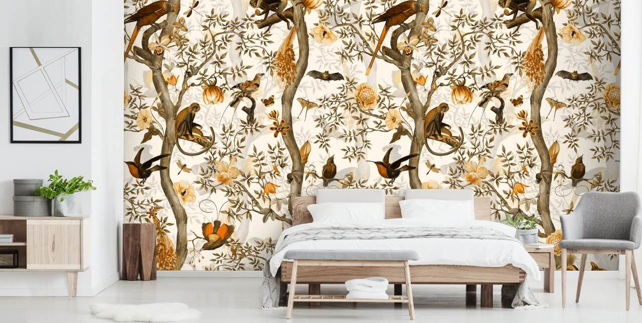 sennep og brun chinoiserie tapet