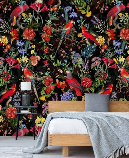 red parrots and colourful flowers on black background wallpaper