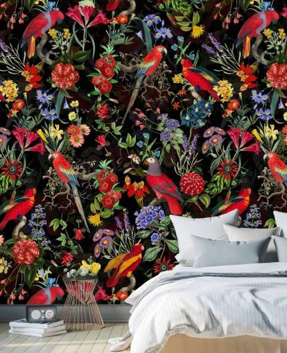 pappagalli rossi e fiori colorati su sfondo nero carta da parati