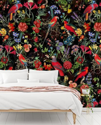 red parrots and colourful flowers on black background wallpaper