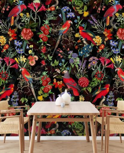 red parrots and colourful flowers on black background wallpaper