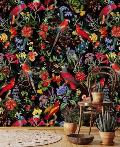 rode papegaaien en kleurrijke bloemen op zwart achtergrondbehang