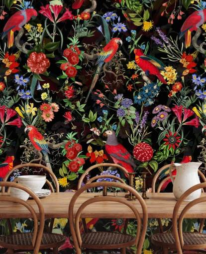 rote Papageien und bunte Blumen auf schwarzem Hintergrund rote Papageien und bunte Blumen auf schwarzem Hintergrund