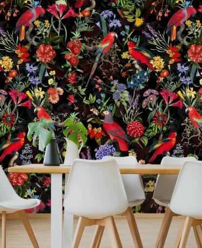 pappagalli rossi e fiori colorati su sfondo nero carta da parati pappagalli rossi e fiori colorati su sfondo nero carta da parati