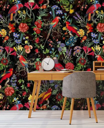 perroquets rouges et fleurs colorées sur fond noir papier peint