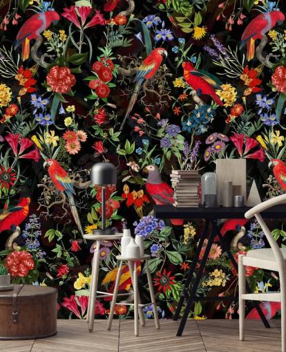 red parrots and colourful flowers on black background wallpaper