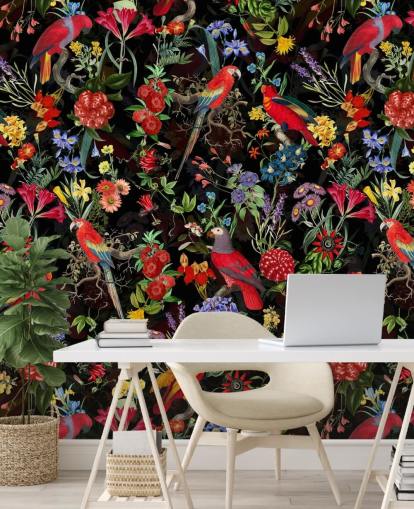 pappagalli rossi e fiori colorati su sfondo nero carta da parati pappagalli rossi e fiori colorati su sfondo nero carta da parati