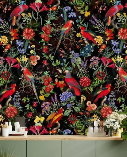 pappagalli rossi e fiori colorati su sfondo nero carta da parati