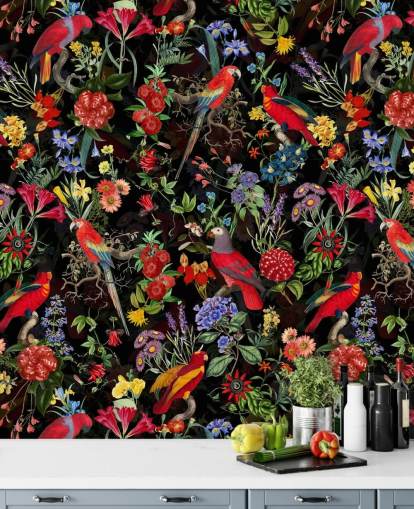 röda papegojor och färgglada blommor på svart bakgrund tapeter röda papegojor och färgglada blommor på svart bakgrund tapeter