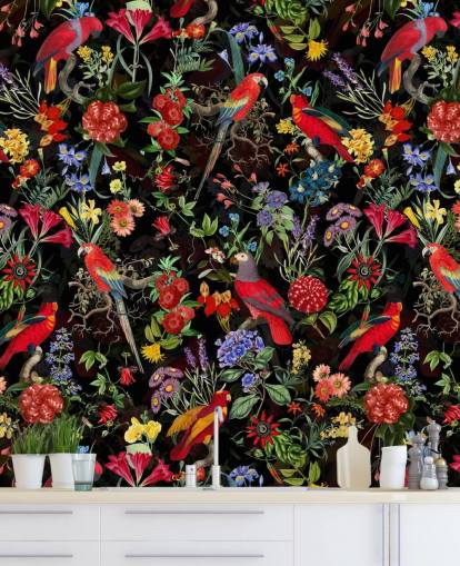 red parrots and colourful flowers on black background wallpaper