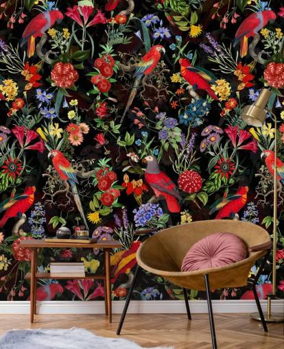 perroquets rouges et fleurs colorées sur fond noir papier peint