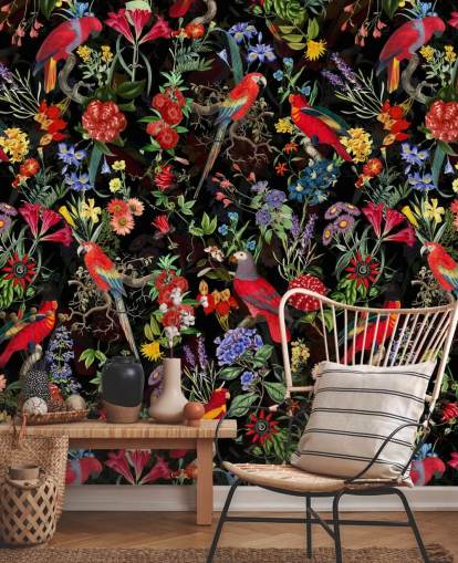 pappagalli rossi e fiori colorati su sfondo nero carta da parati