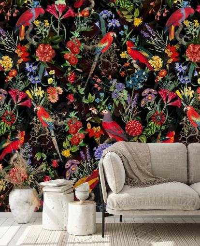 pappagalli rossi e fiori colorati su sfondo nero carta da parati