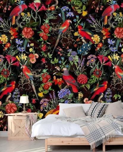 pappagalli rossi e fiori colorati su sfondo nero carta da parati pappagalli rossi e fiori colorati su sfondo nero carta da parati