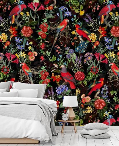 pappagalli rossi e fiori colorati su sfondo nero carta da parati