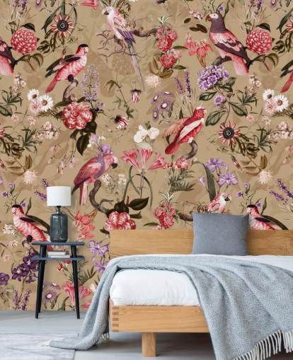 papel de parede floral pássaro rosa e roxo