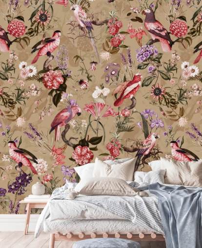 papel de parede floral pássaro rosa e roxo