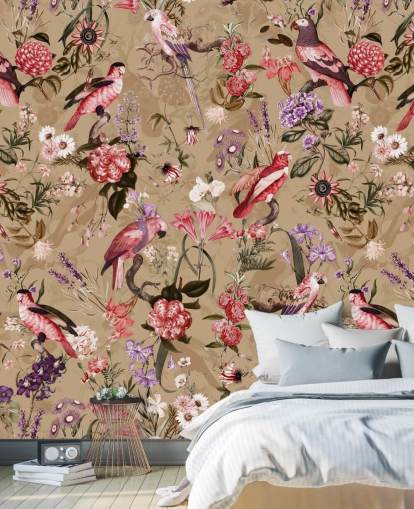 roze en paars vogelbloemenbehang