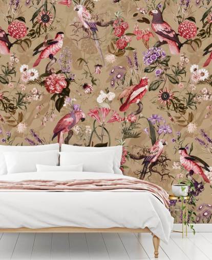 papel de parede floral pássaro rosa e roxo