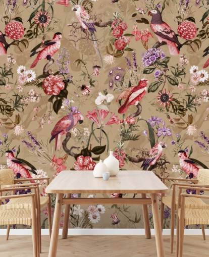 papier peint à fleurs d'oiseaux roses et violets
