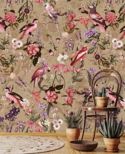 papel pintado floral pájaro rosa y morado