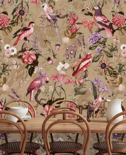 papel pintado floral pájaro rosa y morado