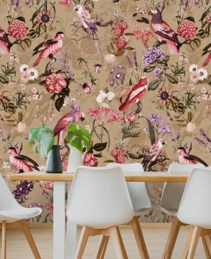 papier peint à fleurs d'oiseaux roses et violets