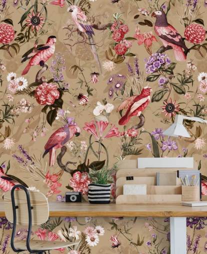 papel pintado floral pájaro rosa y morado