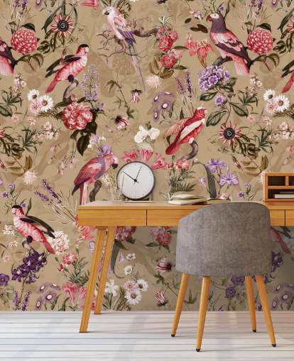 papel de parede floral pássaro rosa e roxo