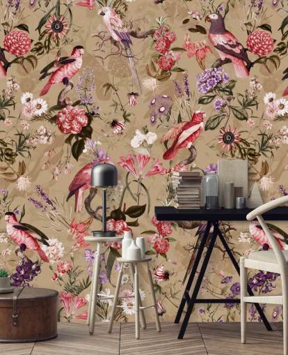 papel pintado floral pájaro rosa y morado