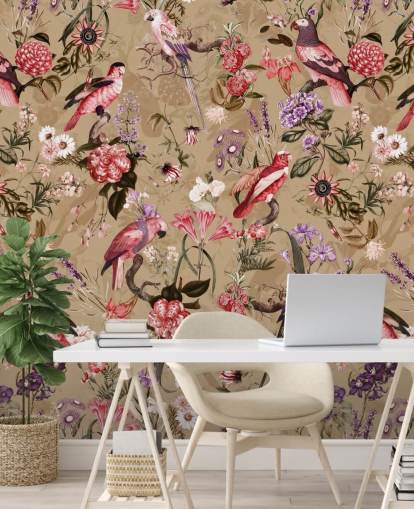 papel pintado floral pájaro rosa y morado