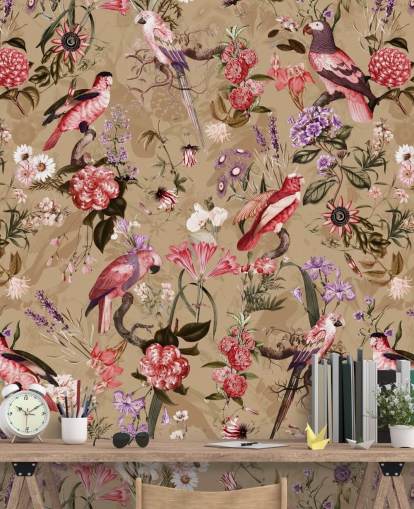 pink and purple bird floral wallpaper