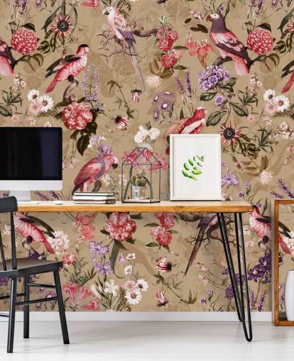 pink and purple bird floral wallpaper