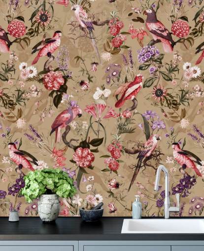 pink and purple bird floral wallpaper