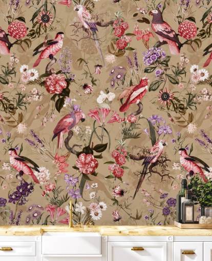 papier peint à fleurs d'oiseaux roses et violets