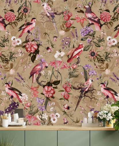 pink and purple bird floral wallpaper