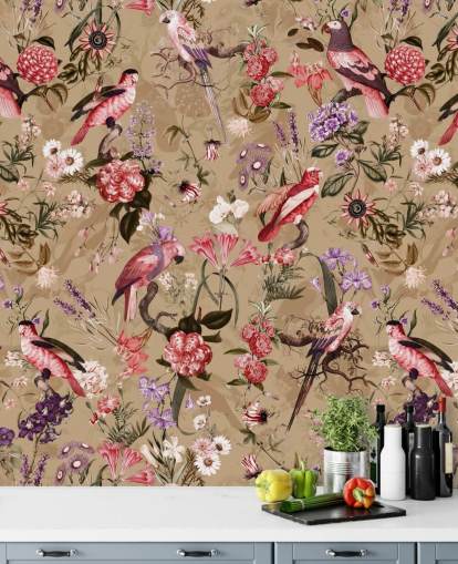 papel pintado floral pájaro rosa y morado papel pintado floral pájaro rosa y morado