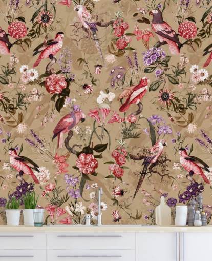 papel de parede floral pássaro rosa e roxo papel de parede floral pássaro rosa e roxo